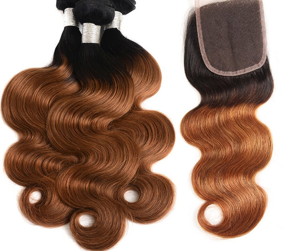 7A  #T1b/30 Ombre Body Wave Brazilian Hair #3 Bundles with #1 FREE Lace Closure